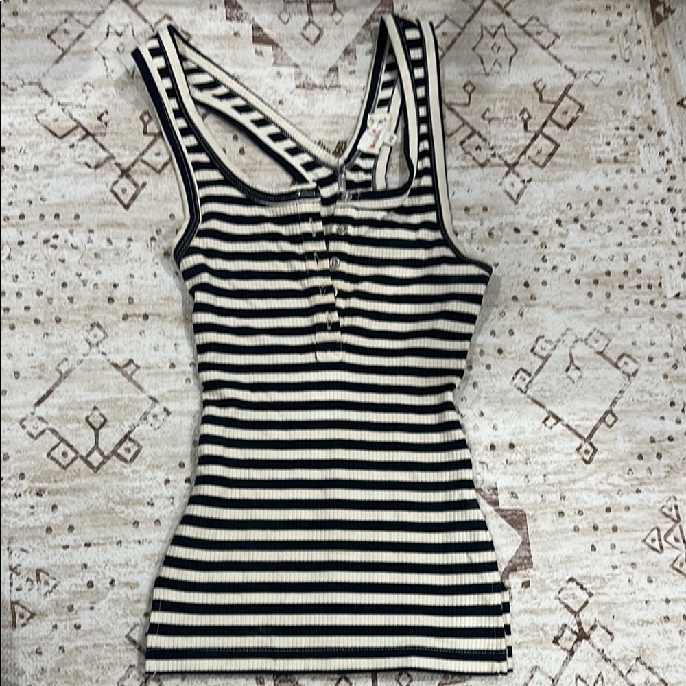Blue and White Fitted Ribbed Tank Top